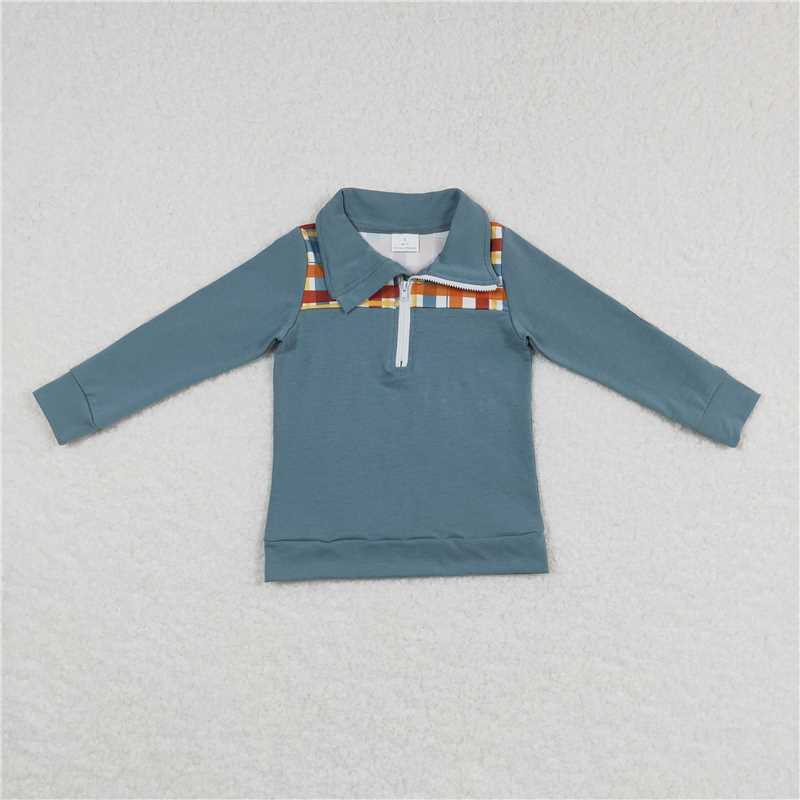 6.30 RTS NO MOQ Baby Boys Long Sleeve BT0313 Thanksgiving Plaid Long Sleeve Elbow Pullover Tee Shirt Tops