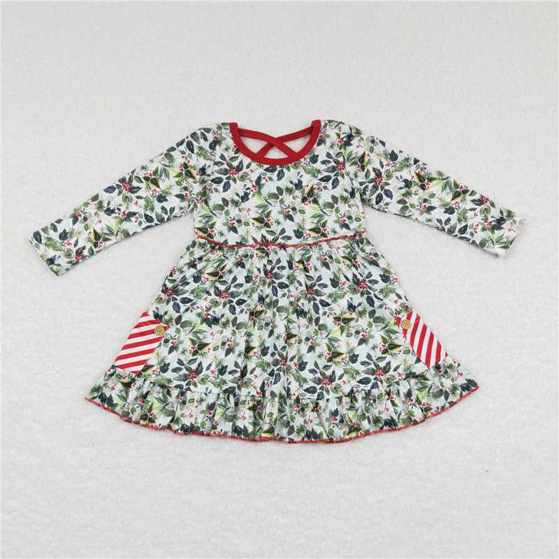 7.5 RTS NO MOQ Baby Girls Long Sleeve GLD0389 Christmas Green Tree Leaves Knee Length Dresses