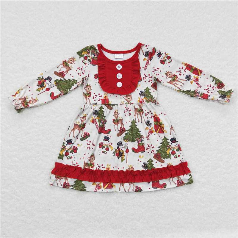 7.5 RTS NO MOQ Baby Girls Long Sleeve GLD0292 Christmas Deer Ruffle Knee Length Dresses