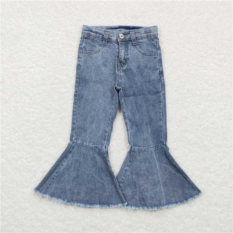 RTS NO MOQ Baby Girls Pants P0325 Light Blue Pockets Bell Denim Flare Pants Jeans