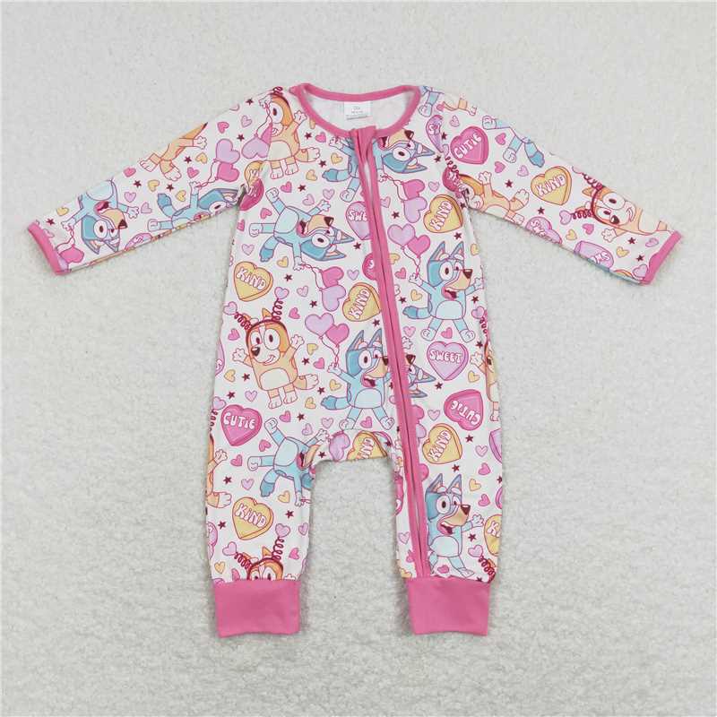 7.26 RTS NO MOQ Baby Girls Bodysuit LR0886 Valentines Dogs Long Sleeve Zip Rompers