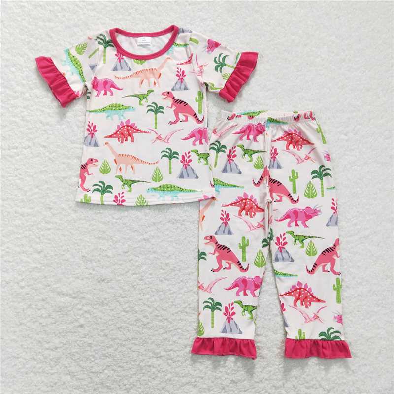 7.14 RTS NO MOQ Baby Girls Summer Kids Sets GSPO1001 Short Sleeve Dinosaur Tee Top Pants Pajamas Clothes Sets