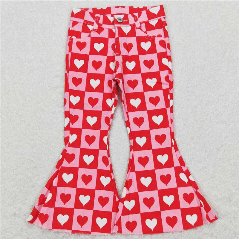 RTS NO MOQ Baby Girls Pants P0324 Valentines Plaid Hearts Pink Bell Denim Pants