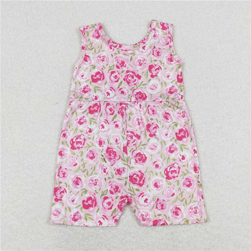 RTS NO MOQ Summer Baby Girls Bodysuit SR1127 Pink Floral Sleeveless Shorts Jumpsuits
