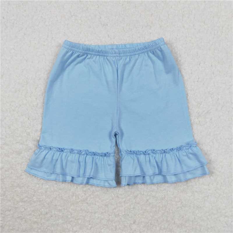 6.20 RTS NO MOQ Baby Girls Summer Pants SS0183 Light Blue Cotton Double Ruffle Shorts