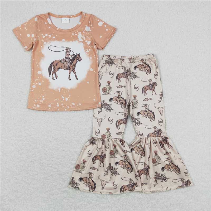 7.2 RTS NO MOQ Baby Girls Summer Kids Sets GSPO1437 Rodeo Western Shirts Top Horse Bell Pants Clothes Sets