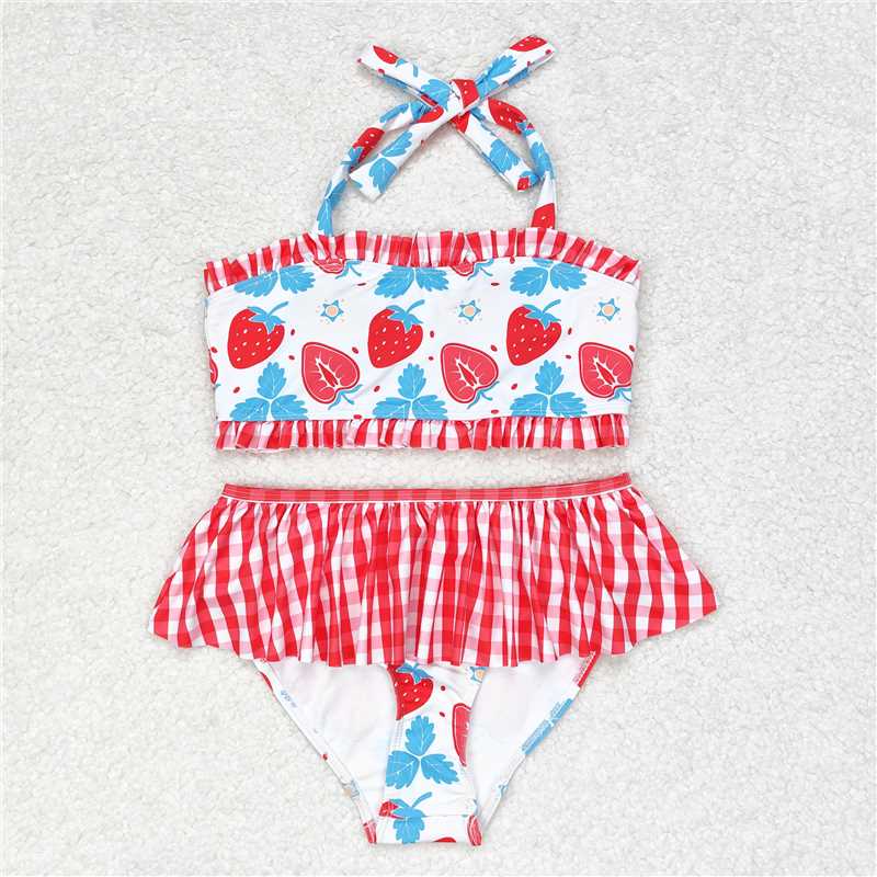 RTS NO MOQ Baby Girls Summer Sets S0316 Strawberry Halter Straps Two Pieces Swimsuits