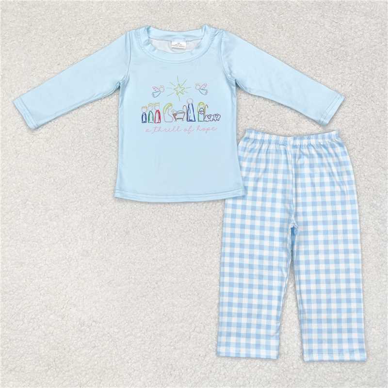 6.26 RTS NO MOQ Baby Boys Sets BLP0504 Christmas Blue Nativity Top Pants Clothes Sets