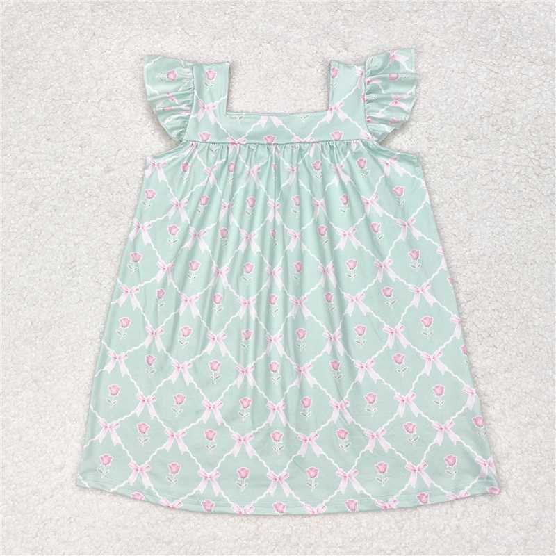 7.22 RTS NO MOQ Summer Baby Girls Dresses GSD1112 Green Bows Ruffle Knee Length Dresses
