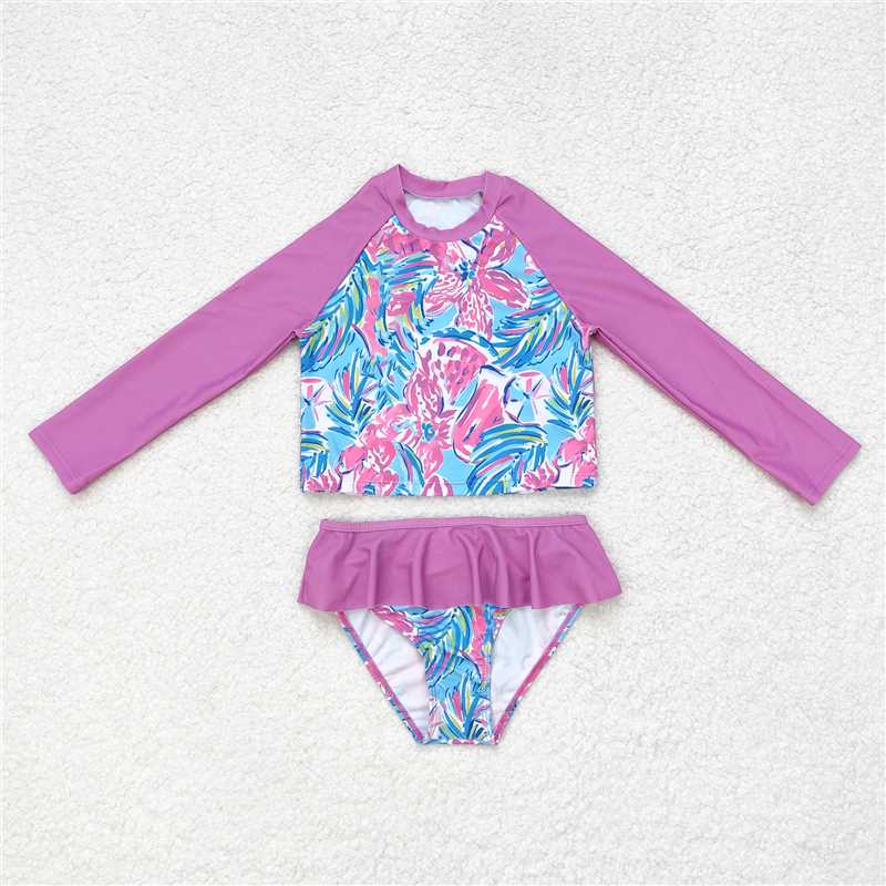 RTS NO MOQ Baby Girls Summer Sets S0259 Pink Flowers Long Sleeve Top Bummie Two Pieces Swimsuits