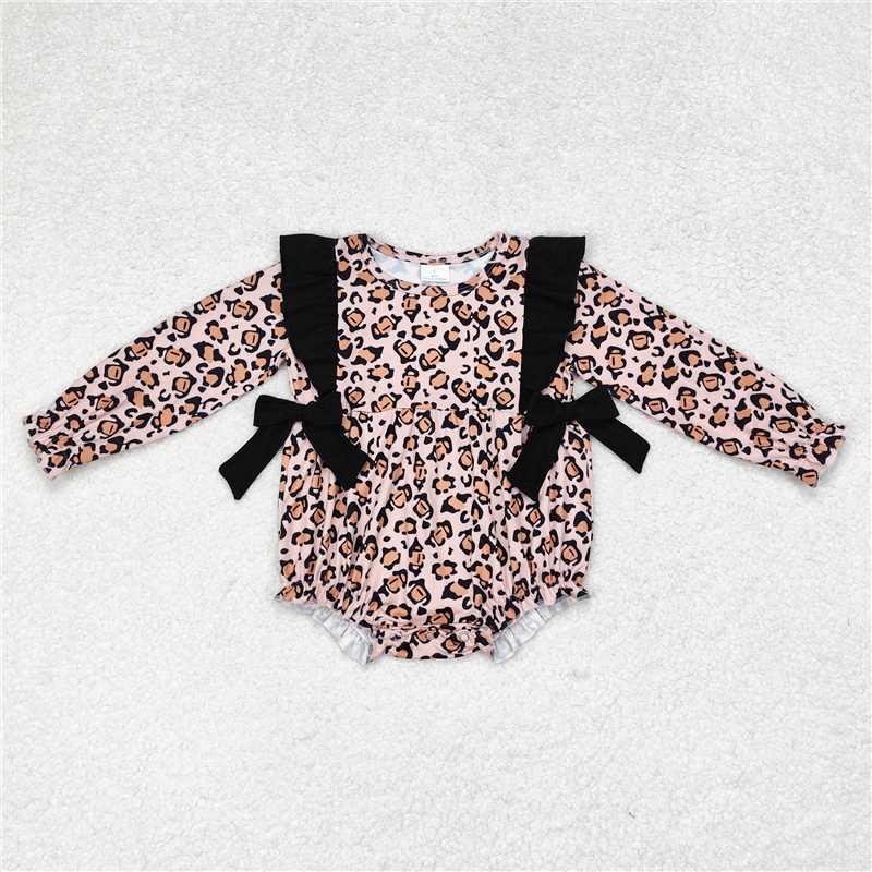 7.12 RTS NO MOQ Baby Girls Bodysuit LR1071 Leopard Bows Long Sleeve Rompers