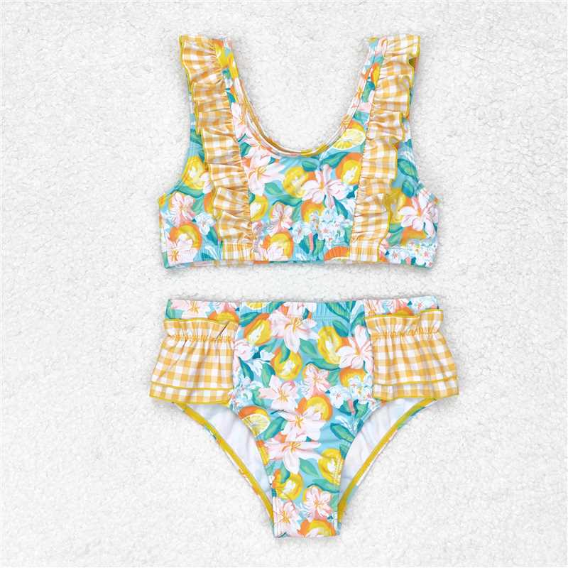 RTS NO MOQ Baby Girls Summer Sets S0343 Orange Ruffle Top Bummie Two Pieces Swimsuits