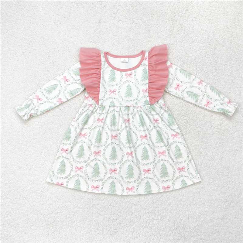 6.12 RTS NO MOQ Baby Girls Long Sleeve GLD0555 Christmas Trees Ruffles Knee Length Dresses