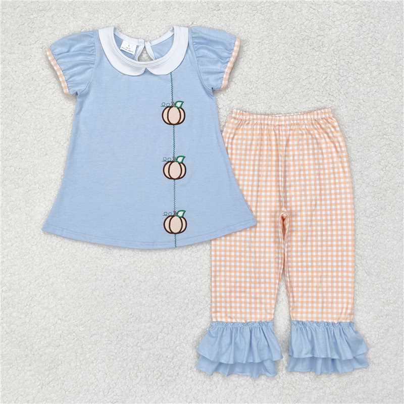 RTS NO MOQ Baby Girls Summer Kids Sets GSPO1534 Embroidery Blue Pumpkins Tunic Ruffle Pants Clothes Sets