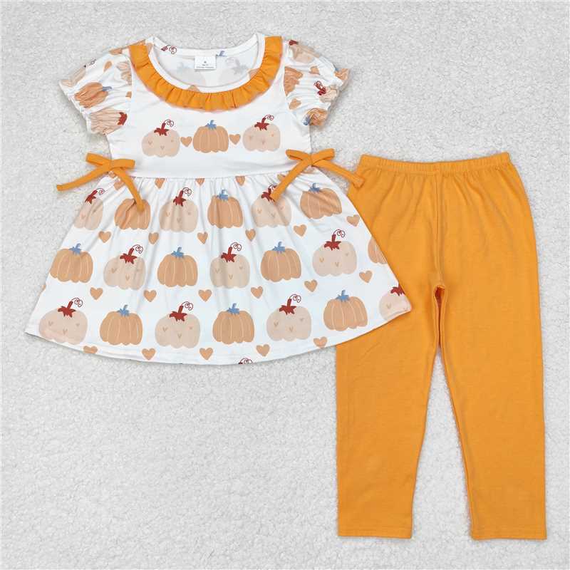RTS NO MOQ Baby Girls Summer Kids Sets GSPO1566 Short Sleeve Pumpkin Tunic Legging Clothes Sets