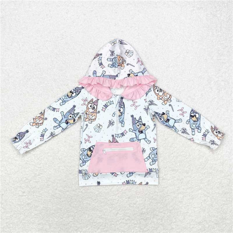 RTS NO MOQ Baby Girls Long Sleeve GT0634 Pink Dogs Birthday Ruffle Hooded Tops