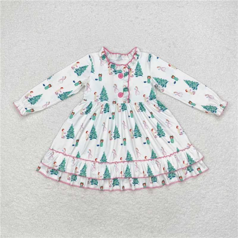 RTS NO MOQ Baby Girls Long Sleeve GLD0622 Christmas Tree Gifts Knee Length Gown Dresses
