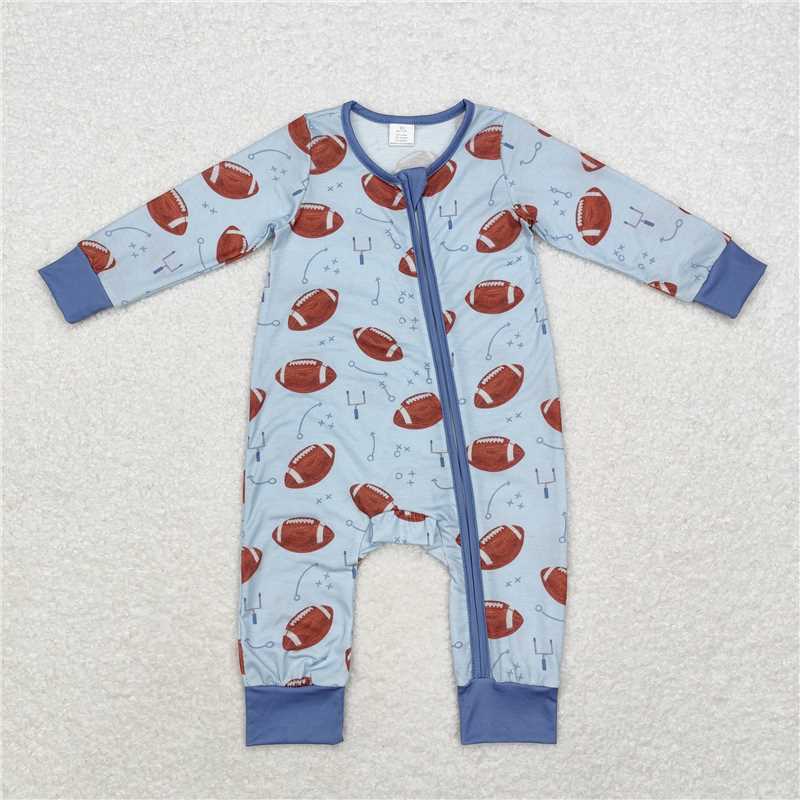 6.4 RTS NO MOQ Baby Boys Bodysuit LR1463 Football Light Blue Bamboo Zip Rompers