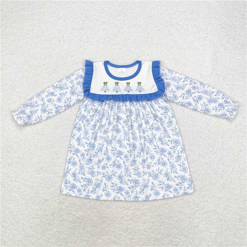 RTS NO MOQ Baby Girls Long Sleeve GLD0673 Blue Flowers Christmas Trees Knee Length Dresses