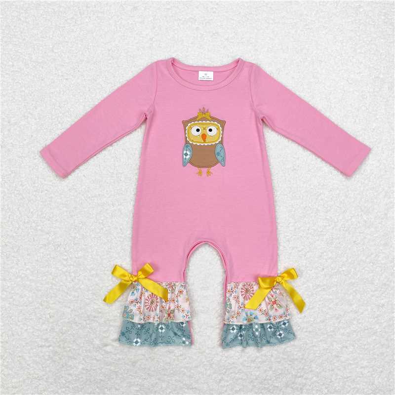 5.19 RTS NO MOQ Baby Girls Bodysuit LR0494 Pink Fall Owl Ruffle Rompers