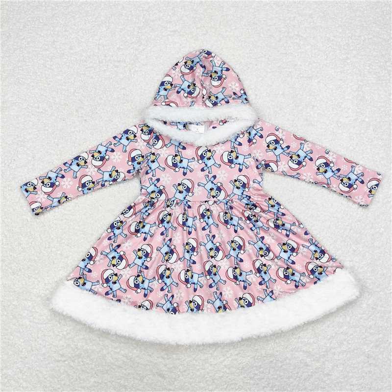 RTS NO MOQ Baby Girls Long Sleeve GLD0724 Christmas Dogs Hooded Knee Length Dresses