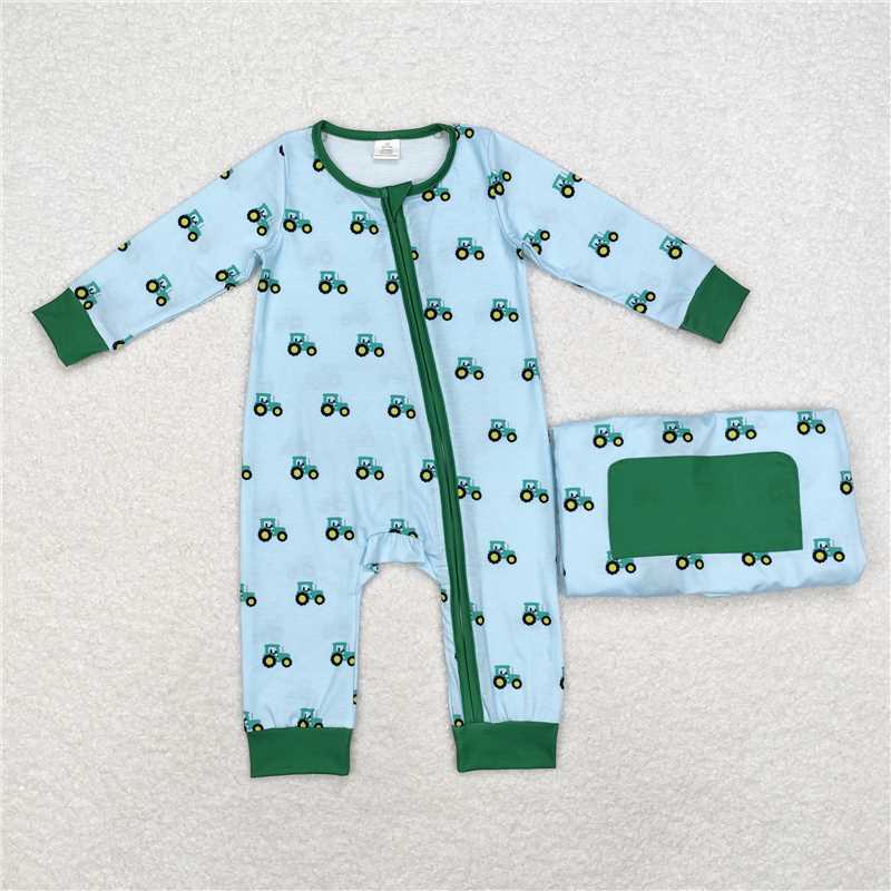 6.4 RTS NO MOQ Baby Boys Bodysuit LR1253 Long Sleeve Green Tractors Bamboo Zip Rompers