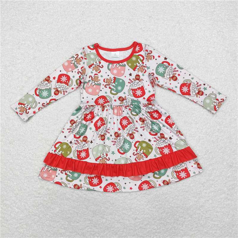 RTS NO MOQ Baby Girls Long Sleeve GLD0732 Christmas Cups Gingerbread Knee Length Dresses