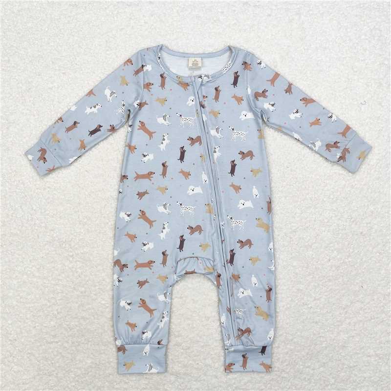 6.4 RTS NO MOQ Baby Boys Bodysuit LR1351 Long Sleeve Blue Dogs Bamboo Zip Rompers