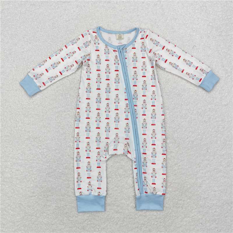 6.4 RTS NO MOQ Baby Boys Bodysuit LR1184 Blue Christmas Soldier Zip Bamboo Rompers