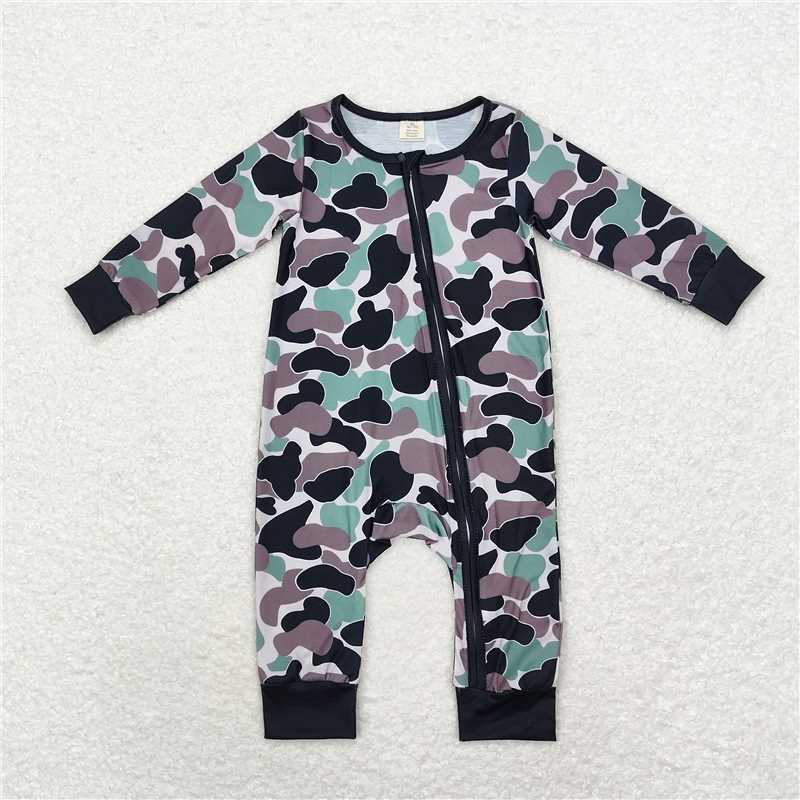 5.15 RTS NO MOQ Baby Boys Bodysuit LR1460 Green Brown Camo Bamboo Zip Rompers