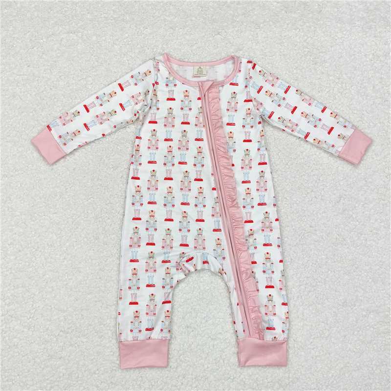 6.19 RTS NO MOQ Baby Girls Bodysuit LR1185 Pink Christmas Soldier Zip Bamboo Rompers