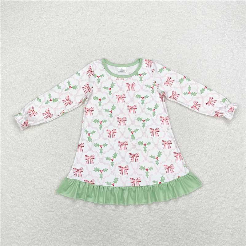 RTS NO MOQ Baby Girls Long Sleeve GLD0656 Christmas Bows Holly Knee Length Dresses