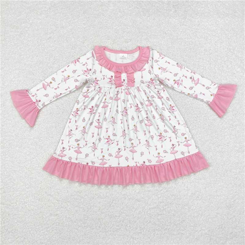 RTS NO MOQ Baby Girls Long Sleeve GLD0720 Pink Dance Ruffle Knee Length Gowns Dresses