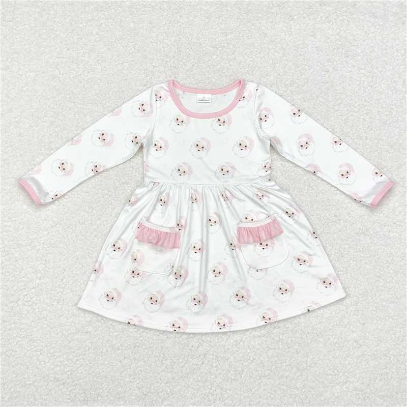 RTS NO MOQ Baby Girls Long Sleeve GLD0689 Christmas Pink Santa Pockets Knee Length Dresses