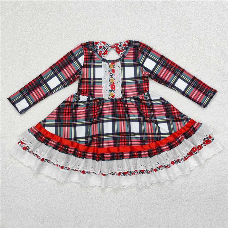 RTS NO MOQ Baby Girls Long Sleeve GLD0838 Christmas Green Red Checkered Ruffle Knee Length Dresses
