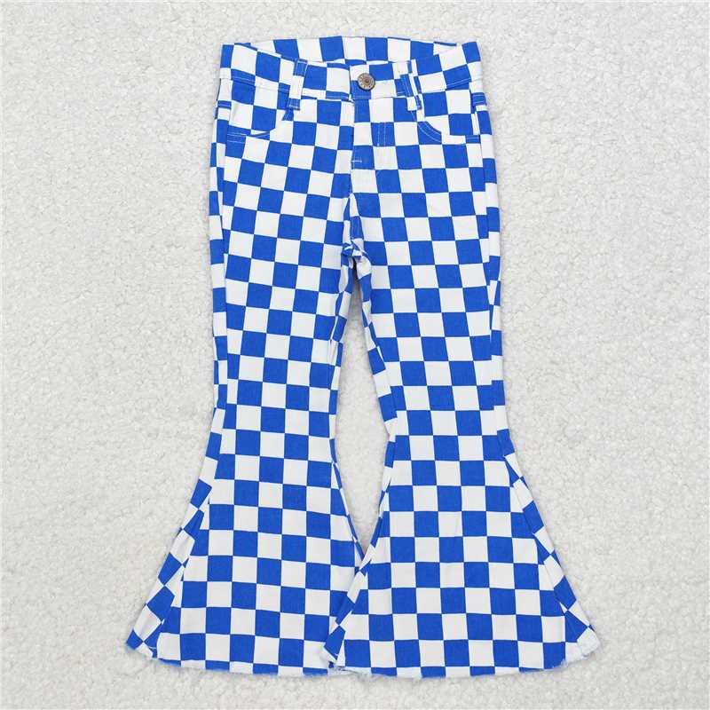 RTS NO MOQ Baby girls pants P0610 Blue Checkered Fall Bell Flare Denim Jeans