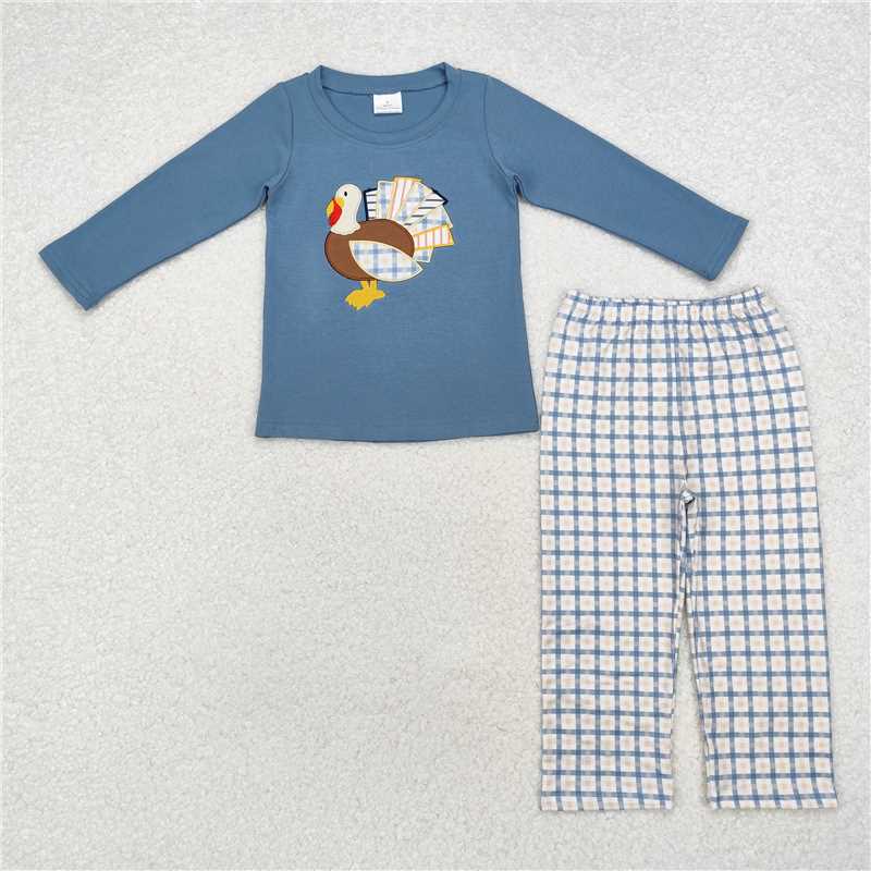 5.28 RTS NO MOQ Baby Boys Sets BLP0742 Thanksgiving Turkey Top Checkered Pants Clothes Sets