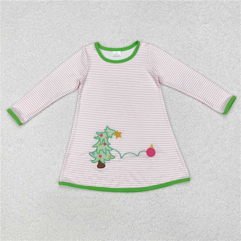 5.15 RTS NO MOQ Baby Girls Long Sleeve GLD0704 Christmas Pink Stripes Tree Knee Length Dresses