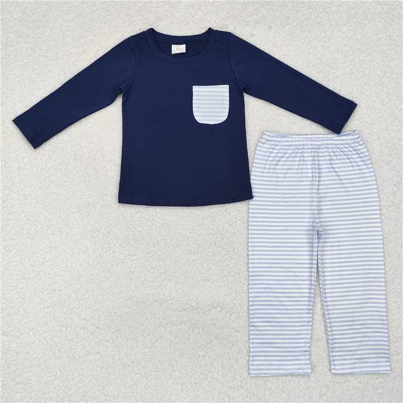 RTS NO MOQ Baby Boys Sets BLP0868 Navy Pocket Top Stripes Pants Clothes Sets
