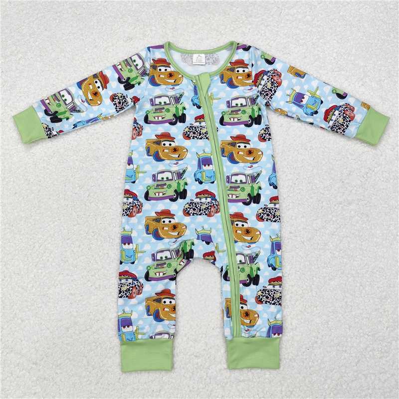 5.15 RTS NO MOQ Baby Boys Bodysuit LR1622 Green Long Sleeve Cars Bamboo Zip Rompers
