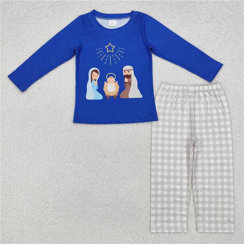 RTS NO MOQ Baby Boys Sets BLP0723 Blue Christmas Nativity Tee Top Pants Clothes Sets