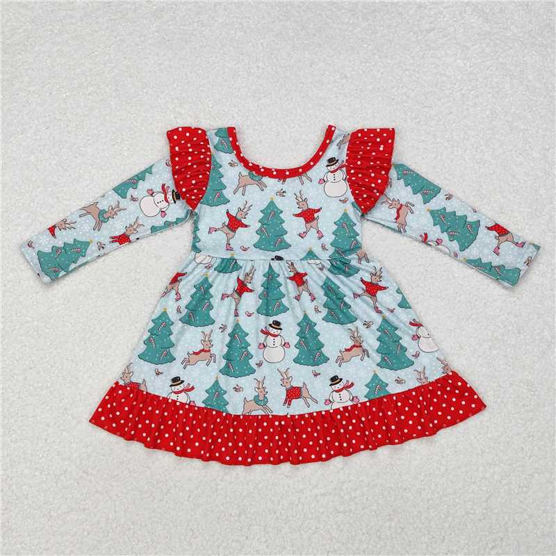 RTS NO MOQ Baby Girls Long Sleeve GLD0794 Christmas Tree Snowman Knee Length Dresses