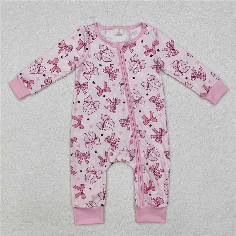 5.19 RTS NO MOQ Baby Girls Bodysuit LR1608 Pink Dots Bows Long Sleeve Zip Rompers