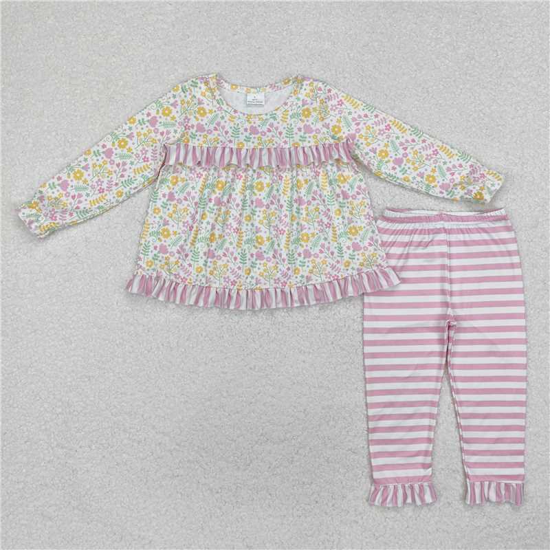 RTS NO MOQ Baby Girls Long Sleeve Outfits GLP2119 Spring Flowers Ruffle Top Legging Clothes Sets