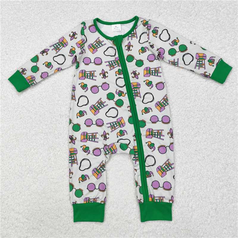 5.13 RTS NO MOQ Baby Boys Bodysuit LR2039 Mardi Gras Green Glasses Zip Long Sleeve Rompers