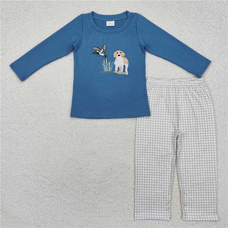 RTS NO MOQ Baby Boys Sets BLP0919 Blue Dog Duck Hunting Southern Tops Pants Clothes Sets
