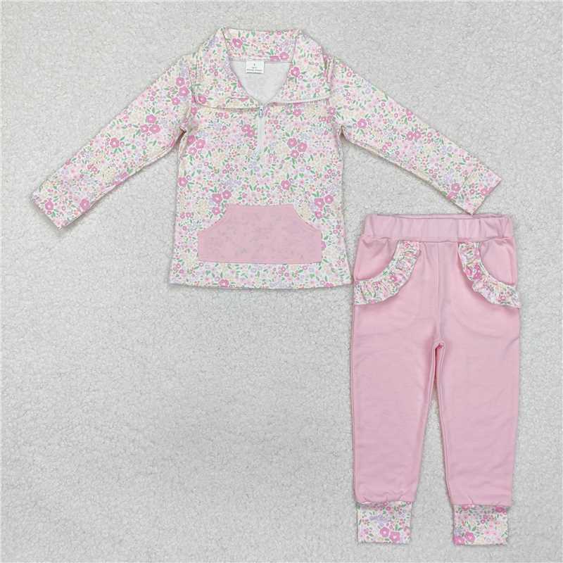 RTS NO MOQ Baby Girls Long Sleeve Outfits GLP2118 Spring Flowers Pocket Pullovers Legging Clothes Sets