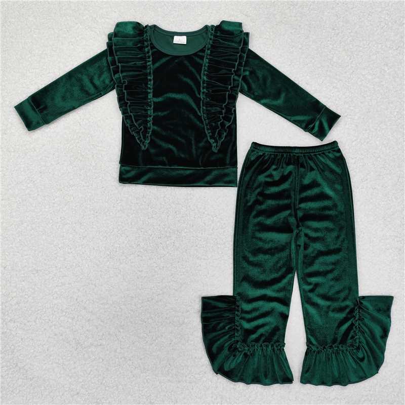 RTS NO MOQ Baby Girls Long Sleeve Outfits GLP2165 Green Ruffles Tee Shirts Top Velvet Bell Pants Clothes Sets