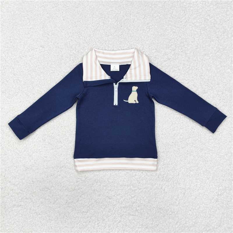 RTS NO MOQ Baby Boys Long Sleeve BT0893 Dog Navy Stripe Zip Pullovers Tops