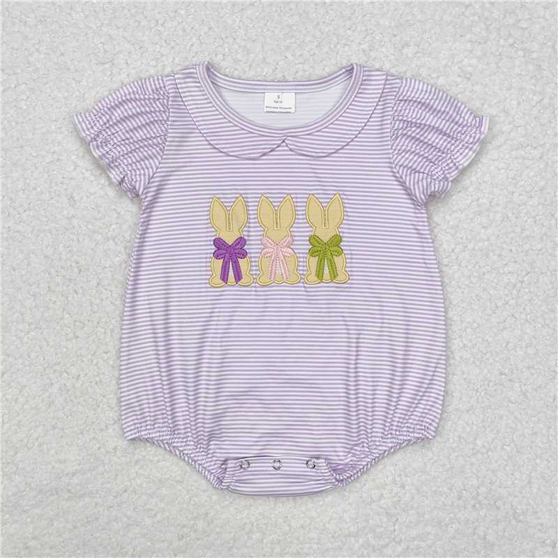 7.11 RTS NO MOQ Summer Baby Girls Bodysuit SR2074 Lavender Stripes Bunny Short Sleeve Rompers